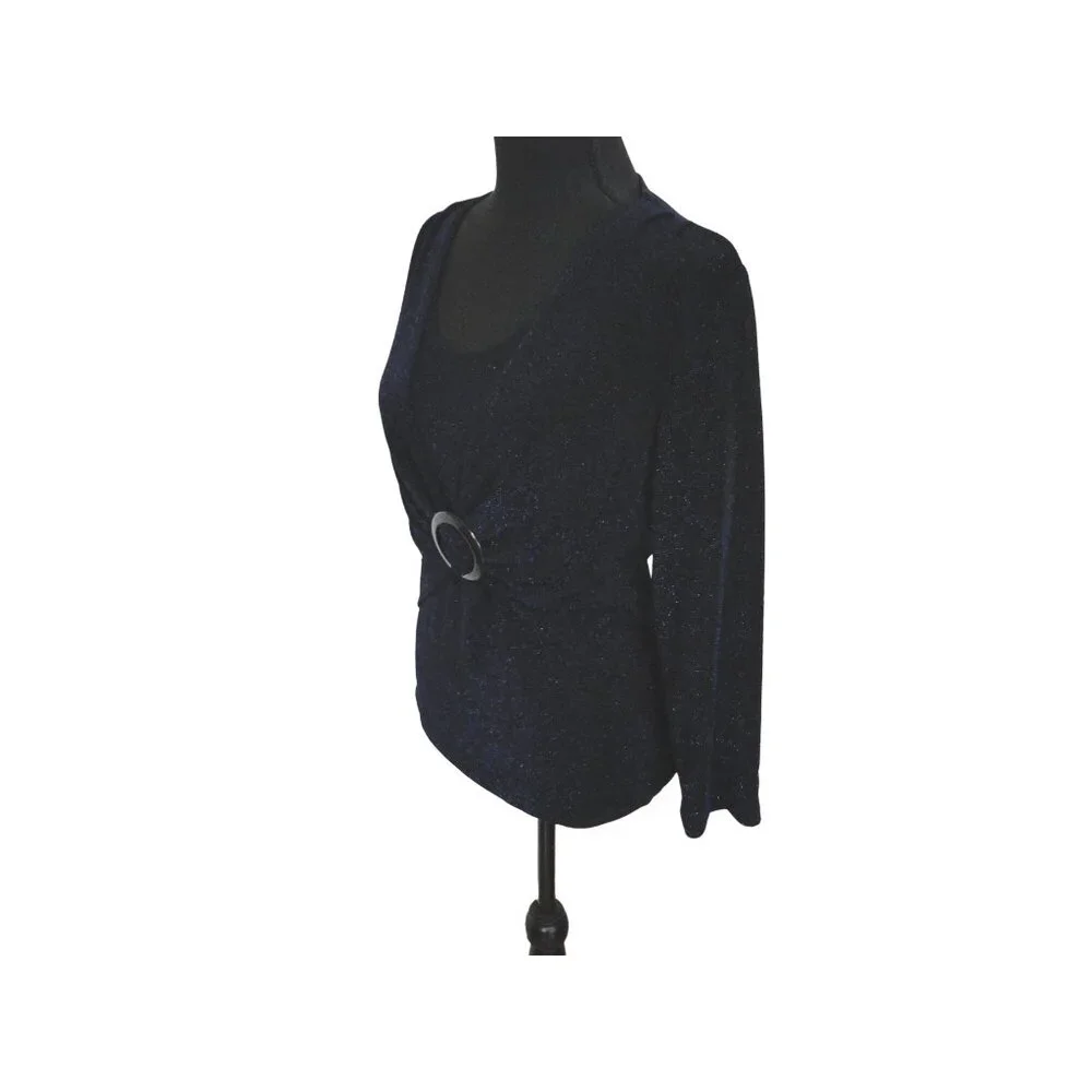 Connected Apparel Top Womens Medium M Black Blue Sparkle Long Sleeve Knit Blouse - Picture 5 of 7